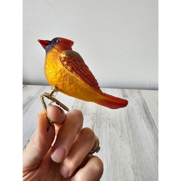 OWC Old world Cardinal bird clip glass ornament glitter orange Xmas tree - Picture 6 of 7